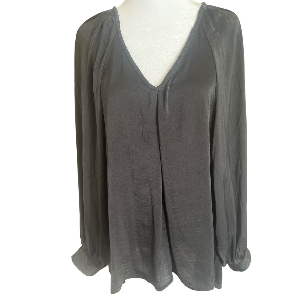 Glam Blouse Women L Black Pleated V Neck Long Sleeve Flowy Hi Lo Top